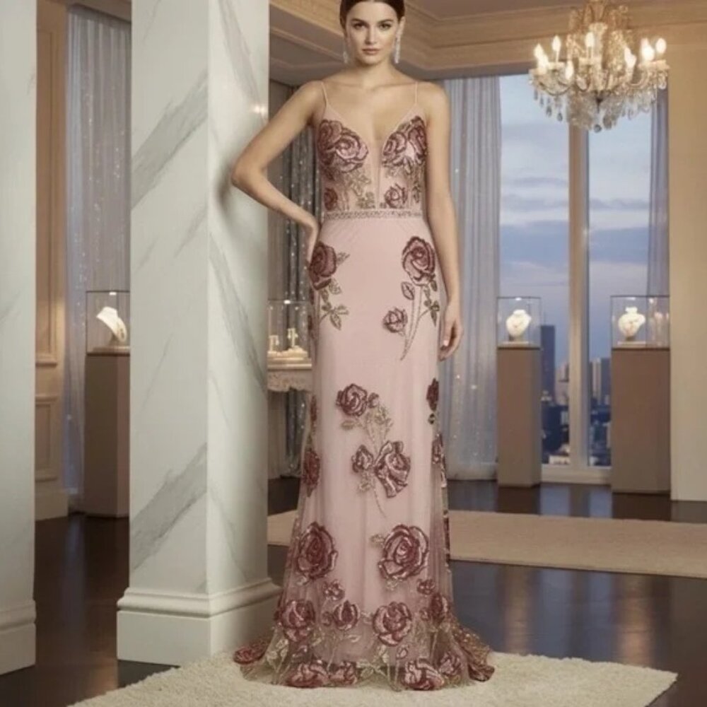Morgan & Co 10134 Pink Gown with Floral Sequin Mesh Overlay Prom Gown Size 7 NWT - Picture 1 of 8